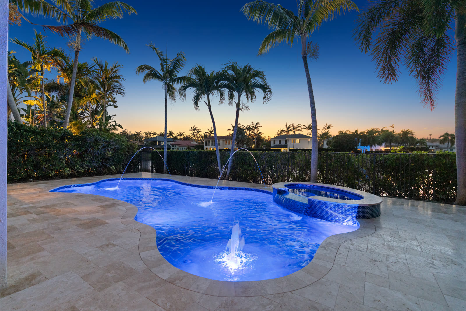 Freeform Pool with Deck Jets & Raised Spa